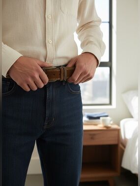 Cole Haan Mens Brown Leather Suede Belt With Brass Buckle